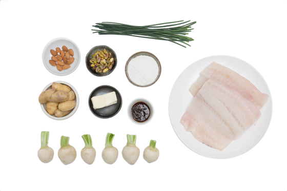 Sautéed Flounder with Baby Root Vegetables & Brown Butter Tamarind Sauce ingredients