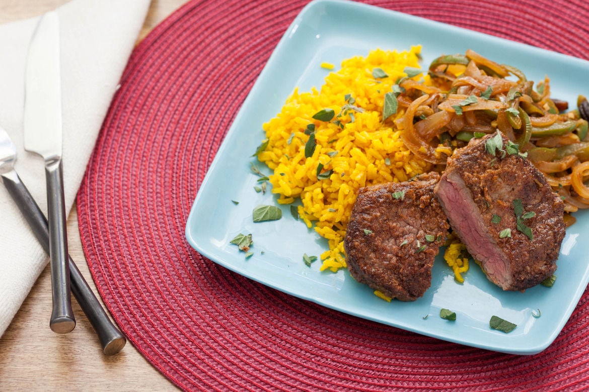 Minute Steaks with Picadillo-Style Sauce & Yellow Rice