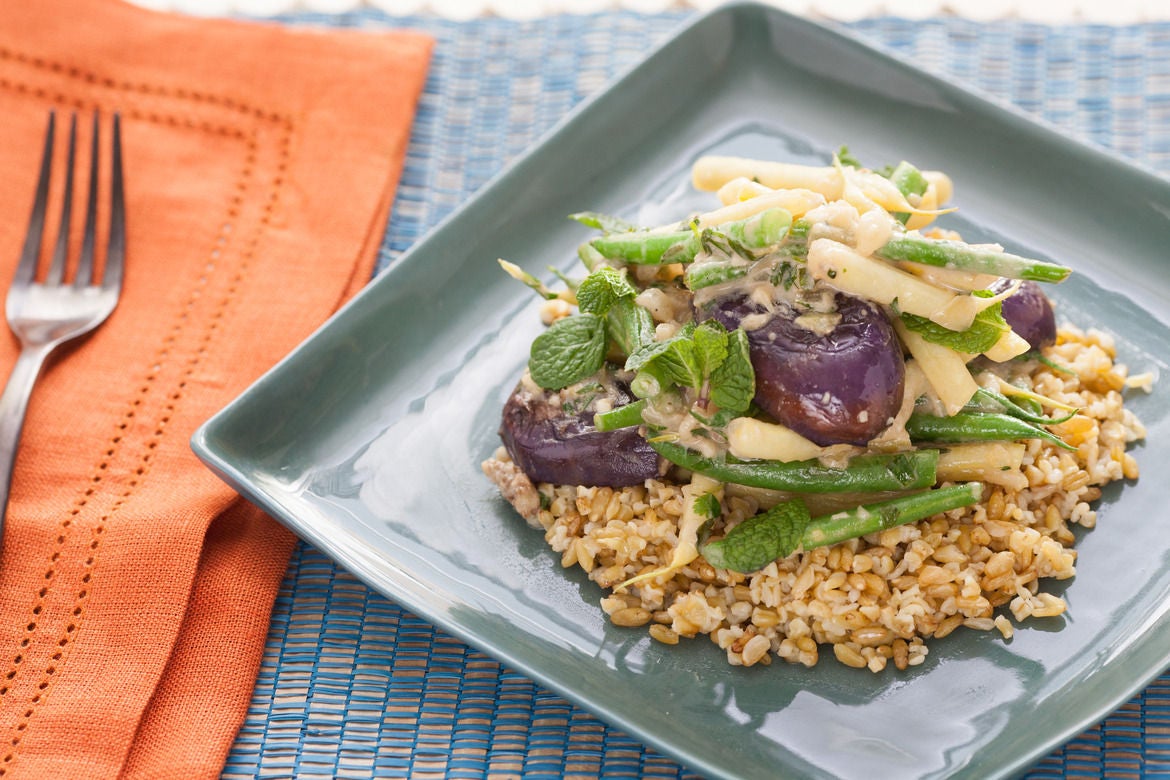 Tahini-Glazed Baby Eggplants with Green and Yellow Wax Bean & Lemon-Freekeh