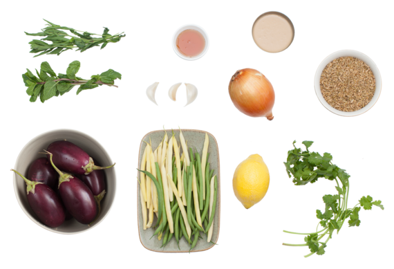 Tahini-Glazed Baby Eggplants with Green and Yellow Wax Bean & Lemon-Freekeh ingredients