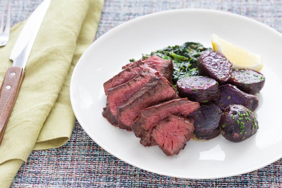 Hanger Steak with “Creamed” Spinach & Lemon-Butter Purple Potatoes