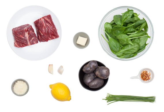 Hanger Steak with “Creamed” Spinach & Lemon-Butter Purple Potatoes ingredients