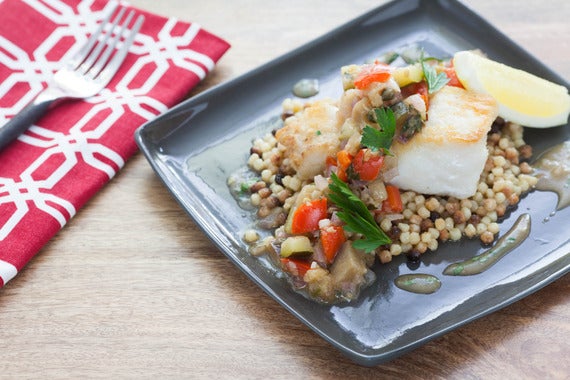 Pan-Seared Hake with Eggplant Caponata & Fregola Sarda