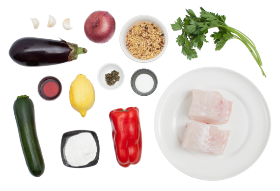 Pan-Seared Hake with Eggplant Caponata & Fregola Sarda ingredients