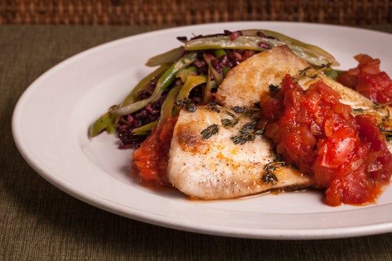 Sea Bream with Tomato Jam, Green Beans & Black Rice