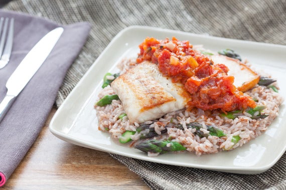 Pan-Seared Drum and Tomato Jam with Himalayan Red Rice Risotto & Asparagus
