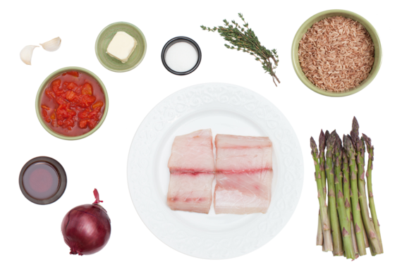 Pan-Seared Drum and Tomato Jam with Himalayan Red Rice Risotto & Asparagus ingredients