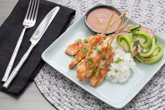 Chicken Sate with Peanut Sauce & Marinated Green Tomatoes