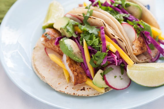 Chili-Dusted Fish Tacos with Pickled Red Cabbage, Mango & Avocado