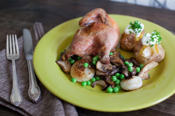 Roast Cornish Hen with Mini Baked Potatoes & Spring Vegetable Saute