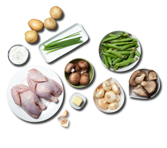 Roast Cornish Hen with Mini Baked Potatoes & Spring Vegetable Saute ingredients