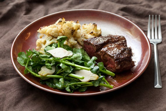 Flank Steak au Jus with Creamy Dijon Cauliflower, Pickled Baby Turnips & Watercress