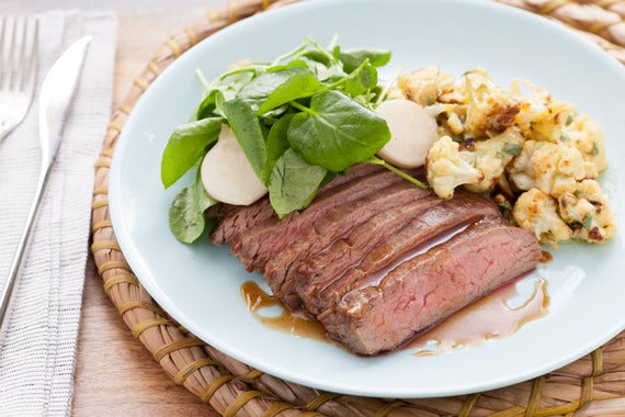 Flank Steak au Jus with Roasted Dijon Cauliflower, Pickled Baby Turnips & Watercress