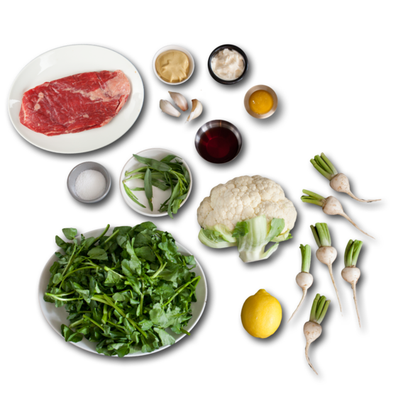 Flank Steak au Jus with Creamy Dijon Cauliflower, Pickled Baby Turnips & Watercress ingredients