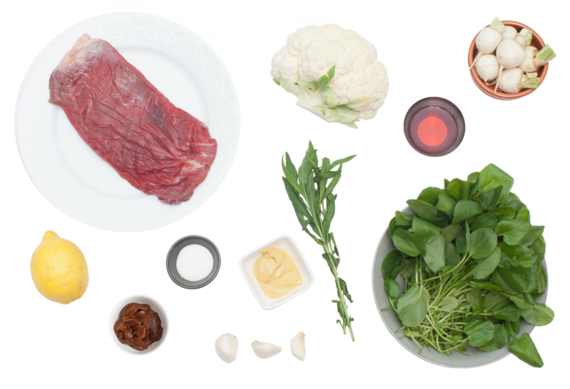 Flank Steak au Jus with Roasted Dijon Cauliflower, Pickled Baby Turnips & Watercress ingredients