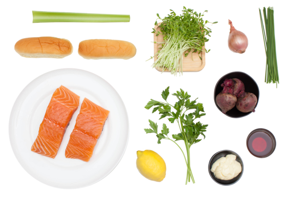 Salmon Roll Sandwiches with Baby Beet & Pea Shoot Salad ingredients