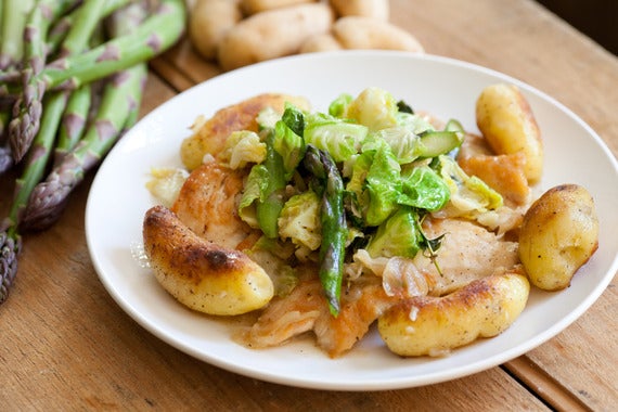 Lemon-Thyme Turkey Cutlets with New Jersey Asparagus, Brussels Sprouts & Crispy Fingerlings
