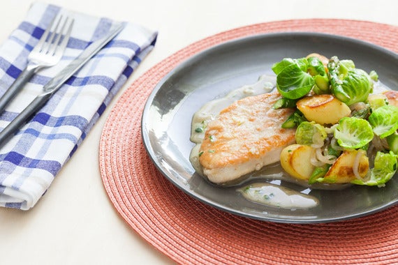 Lemon Thyme Turkey Cutlets with Asparagus, Brussels Sprouts & Crispy Fingerlings