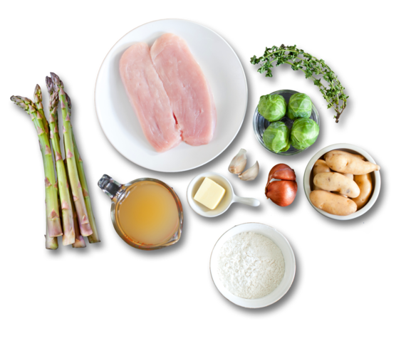 Lemon-Thyme Turkey Cutlets with New Jersey Asparagus, Brussels Sprouts & Crispy Fingerlings ingredients
