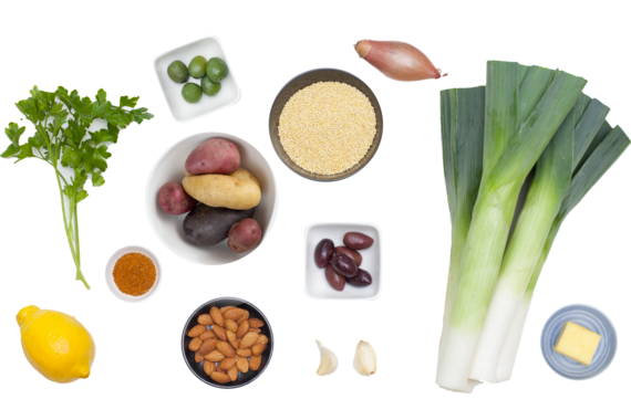 Melted Leeks over Millet with Old Bay Potatoes ingredients