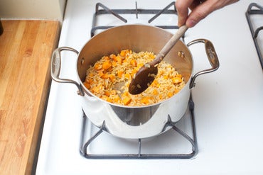 Start cooking the sweet potato orzo: