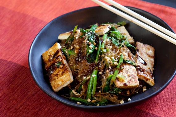 Yu Choy Cellophane Noodle Stir-Fry with Tofu & Peanuts