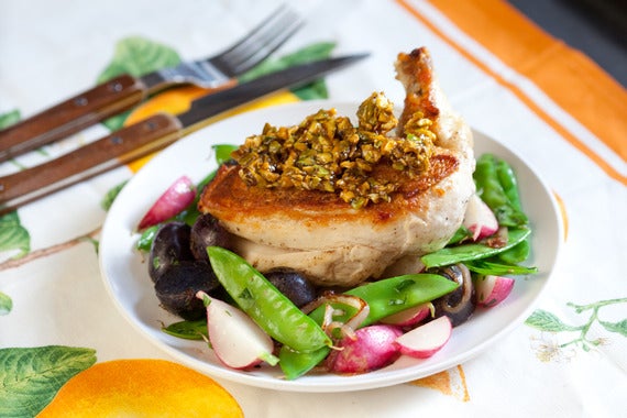 Chicken with Candied Pistachios & Snow Pea-Radish Saute