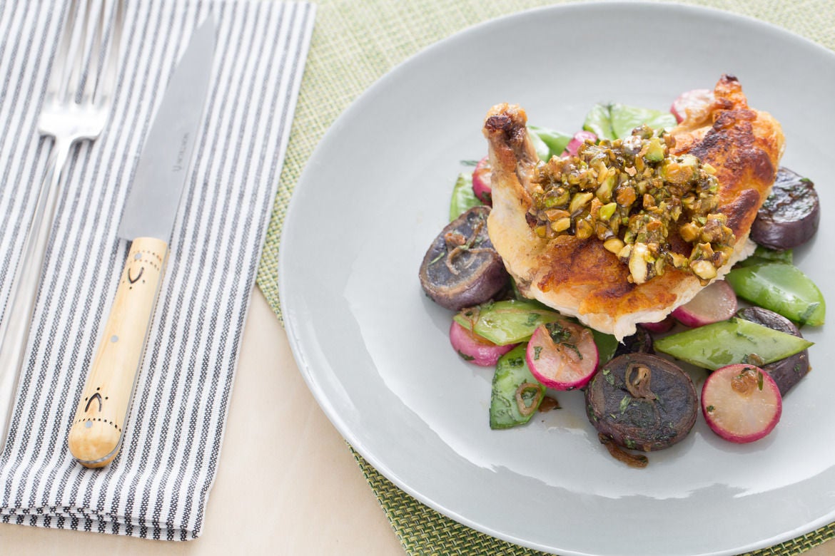 Chicken & Snow Pea-Radish Sauté with Candied Pistachios