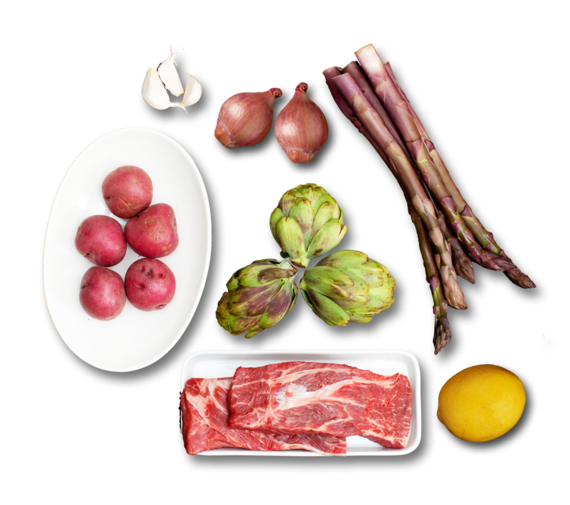 Flat Iron Steaks with Artichoke-Potato Hash, Purple Asparagus & Caramelized Shallots ingredients