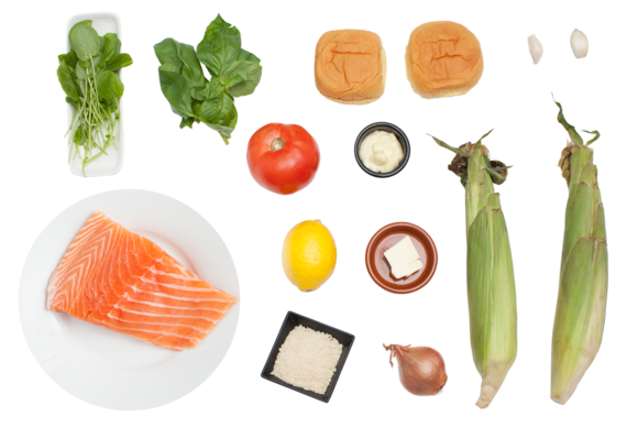 Salmon Burgers & Corn on the Cob with Basil Butter ingredients