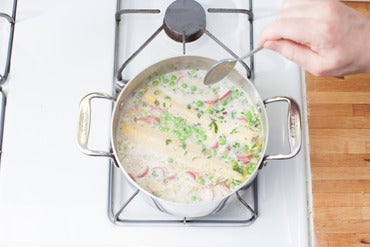 Add the radishes, peas & tarragon: