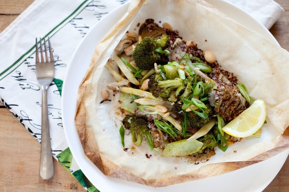 Quinoa with Wild Mushrooms, Wax Beans & Broccoli en Papillote
