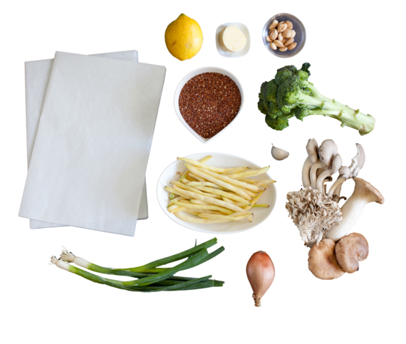 Quinoa with Wild Mushrooms, Wax Beans & Broccoli en Papillote ingredients