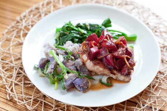 Five-Spice Pork Chops with Plum Sauce, Chinese Broccoli & Purple Sweet Potato