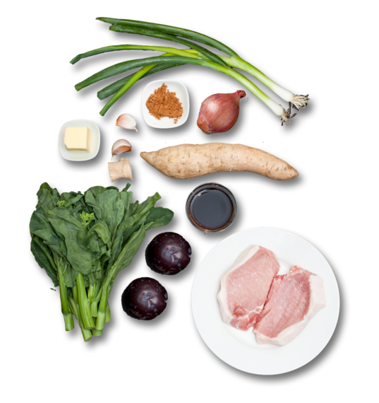 Five-Spice Pork Chops with Plum Sauce, Chinese Broccoli & Purple Sweet Potato ingredients
