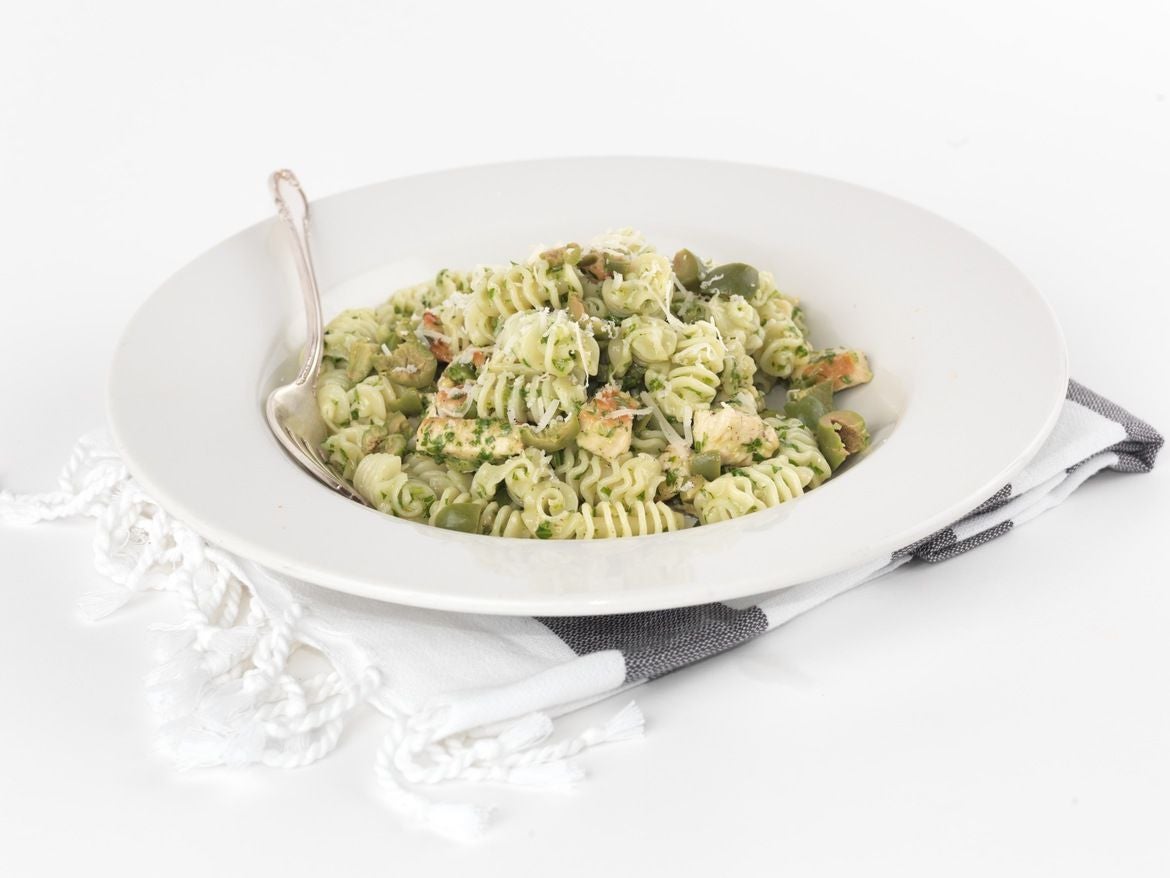 Recipe Arugula Pesto Pasta with Chicken and Castelvetrano Olives
