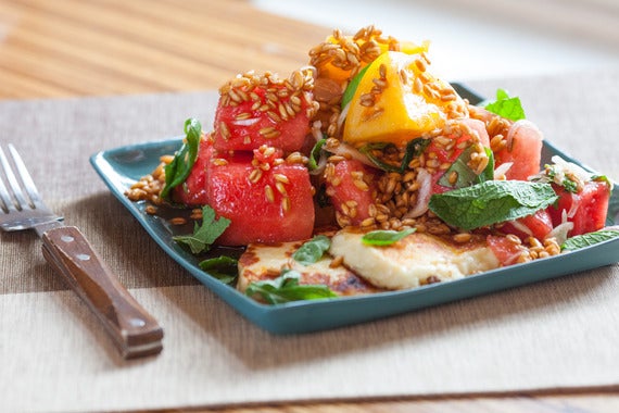 Tomato, Watermelon & Spelt Salad with Seared Halloumi