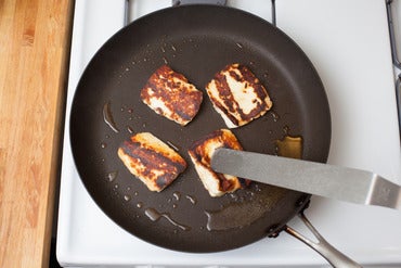 Sear the halloumi: