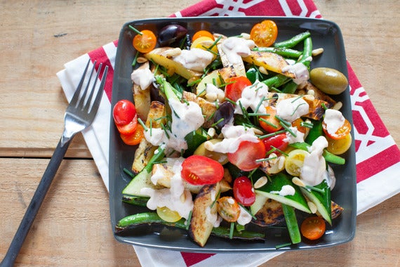 Grilled Vegetables with Olives, Tomatoes & Romesco Sauce
