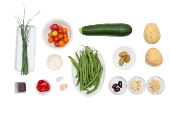 Grilled Vegetables with Olives, Tomatoes & Romesco Sauce ingredients