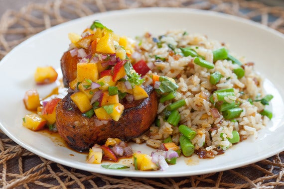 Spice-Rubbed Pork Medallions with Peach Salsa & Cilantro-Green Bean Rice