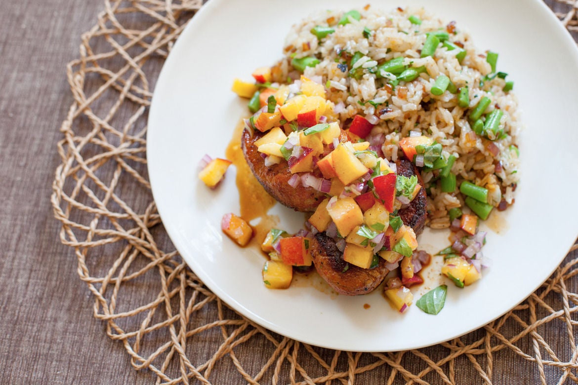 Spice-Rubbed Pork Medallions with Peach Salsa & Cilantro-Green Bean Rice