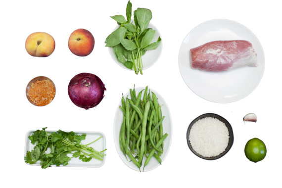 Spice-Rubbed Pork Medallions with Peach Salsa & Cilantro-Green Bean Rice ingredients