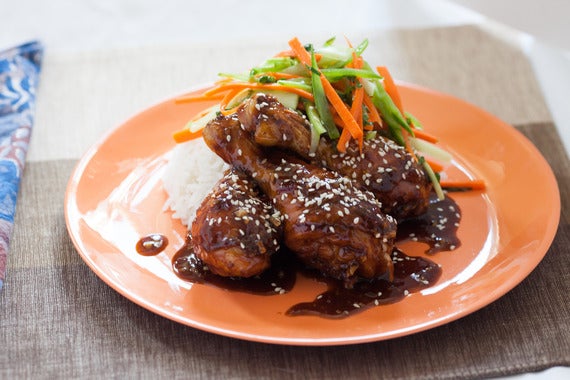 Sweet & Sour BBQ Drumsticks with Snow Pea, Carrot & Celery Salad