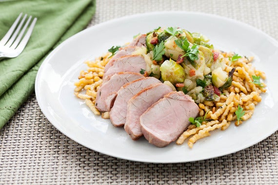 Pan-Roasted Pork Tenderloin with Brown Butter-Spaetzle, Roasted Brussels Sprouts & Granny Smith Apple