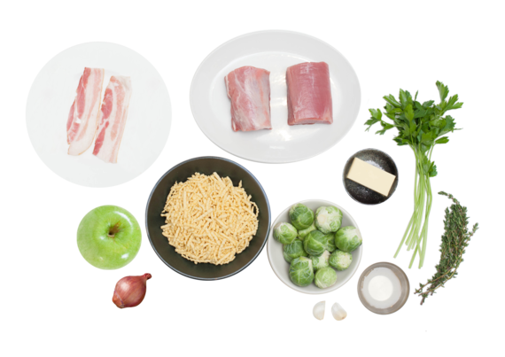 Pan-Roasted Pork Tenderloin with Brown Butter-Spaetzle, Roasted Brussels Sprouts & Granny Smith Apple ingredients