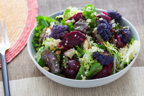Winter Green, Colored Cauliflower & Beet Salad with Quinoa, Almonds & Manchego Cheese