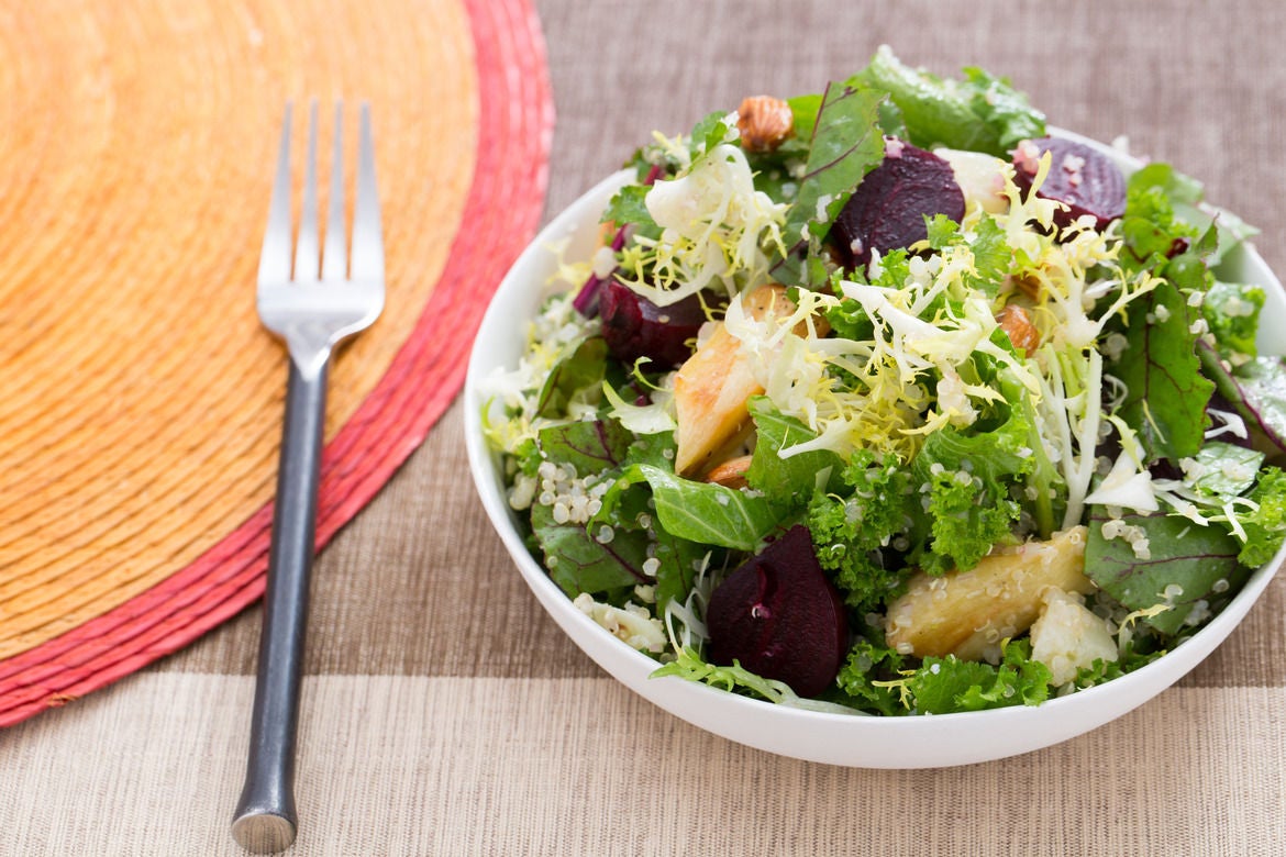 Winter Greens, Parsnip & Beet Salad with Quinoa, Almonds & Manchego Cheese