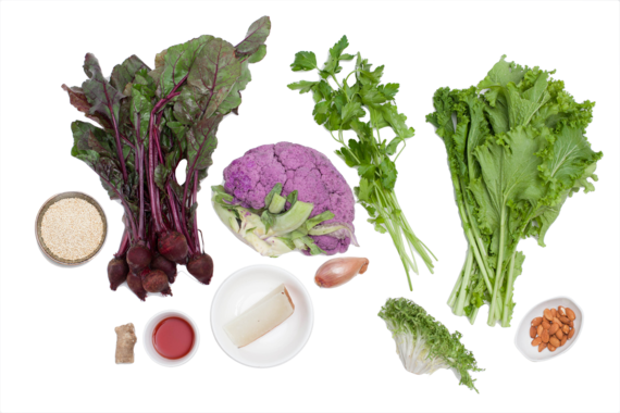 Winter Green, Colored Cauliflower & Beet Salad with Quinoa, Almonds & Manchego Cheese ingredients