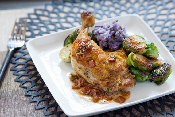 Pan-Seared Chicken Legs with Purple Smashed Potatoes, Brussels Sprouts & Warm Bacon Vinaigrette